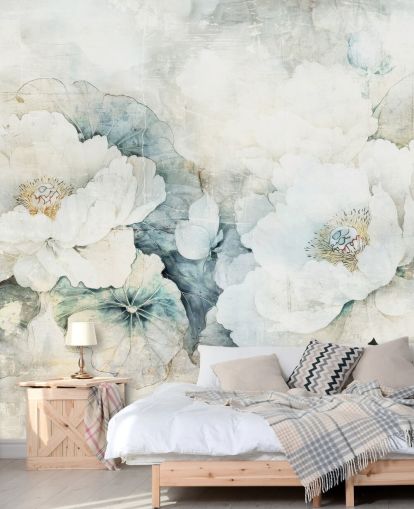 white customisable floral wall mural called Distressed White Florals III by Rafal Kulik
