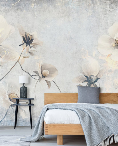 mural de papel de parede vintage personalizável branco chamado Distressed White Florals de Rafal Kulik para quartos e salões mural de papel de parede vintage personalizável branco chamado Distressed White Florals de Rafal Kulik para quartos e salões