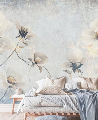 carta da parati murale vintage bianca personalizzabile chiamata Distressed White Florals di Rafal Kulik per camere da letto e salotti carta da parati murale vintage bianca personalizzabile chiamata Distressed White Florals di Rafal Kulik per camere da letto e salotti