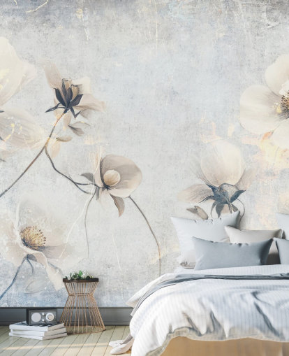 hvidt tilpasseligt vintage tapetmaleri kaldet Distressed White Florals af Rafal Kulik til soveværelser og lounger