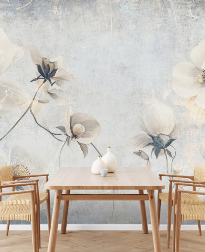 white customizable vintage wallpaper mural called Distressed White Florals by Rafal Kulik for bedrooms and lounges white customizable vintage wallpaper mural called Distressed White Florals by Rafal Kulik for bedrooms and lounges