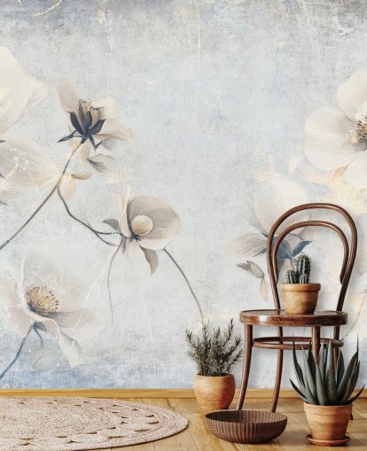 witte aanpasbare vintage behangmuurschildering genaamd Distressed White Florals van Rafal Kulik voor slaapkamers en lounges witte aanpasbare vintage behangmuurschildering genaamd Distressed White Florals van Rafal Kulik voor slaapkamers en lounges