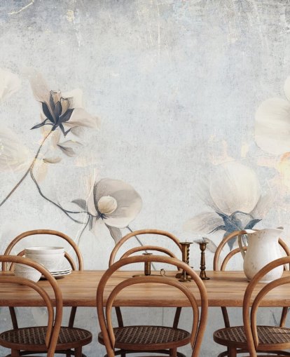 hvitt tilpassbart vintage tapetveggmaleri kalt Distressed White Florals av Rafal Kulik for soverom og salonger hvitt tilpassbart vintage tapetveggmaleri kalt Distressed White Florals av Rafal Kulik for soverom og salonger