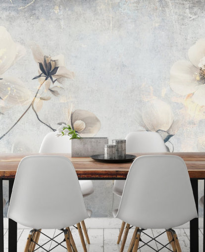 Weiße, individuell gestaltbare Vintage-Tapete namens Distressed White Florals von Rafal Kulik für Schlafzimmer und Wohnzimmer