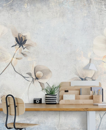 witte aanpasbare vintage behangmuurschildering genaamd Distressed White Florals van Rafal Kulik voor slaapkamers en lounges