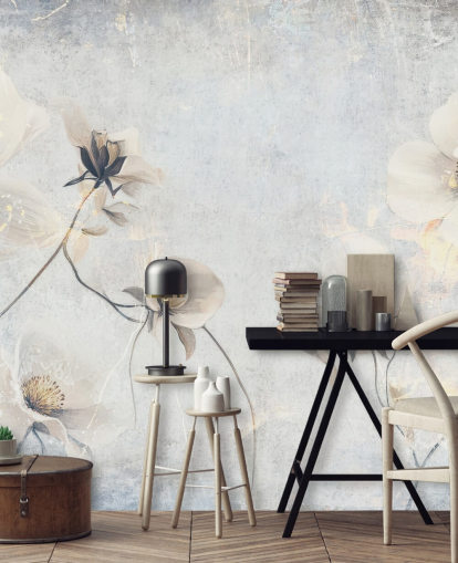 hvitt tilpassbart vintage tapetveggmaleri kalt Distressed White Florals av Rafal Kulik for soverom og salonger hvitt tilpassbart vintage tapetveggmaleri kalt Distressed White Florals av Rafal Kulik for soverom og salonger
