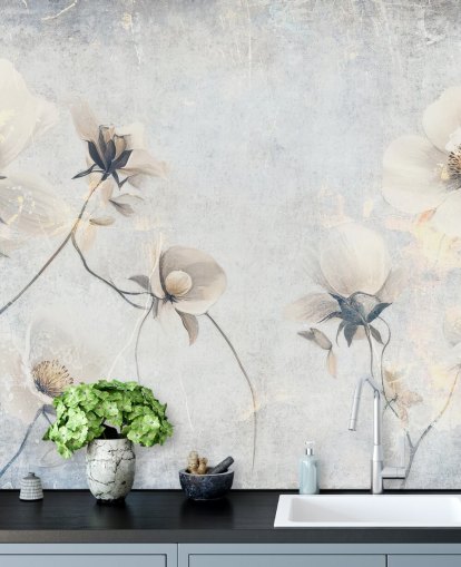 vit anpassningsbar vintage tapetväggmålning kallad Distressed White Florals av Rafal Kulik för sovrum och lounger vit anpassningsbar vintage tapetväggmålning kallad Distressed White Florals av Rafal Kulik för sovrum och lounger