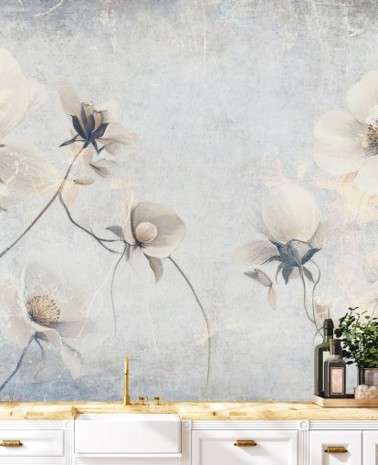 white customisable vintage wallpaper mural called Distressed White Florals by Rafal Kulik for bedrooms and lounges