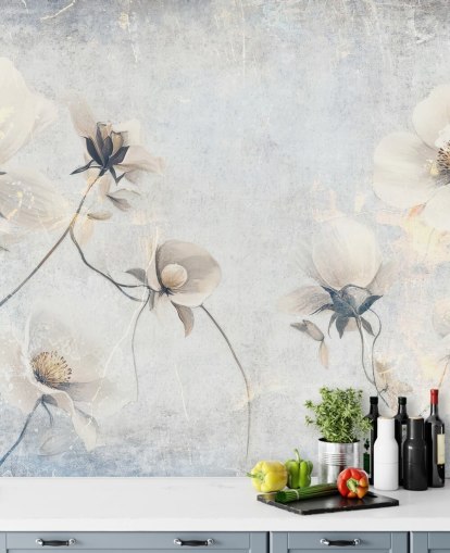 witte aanpasbare vintage behangmuurschildering genaamd Distressed White Florals van Rafal Kulik voor slaapkamers en lounges