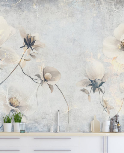 white customizable vintage wallpaper mural called Distressed White Florals by Rafal Kulik for bedrooms and lounges white customizable vintage wallpaper mural called Distressed White Florals by Rafal Kulik for bedrooms and lounges