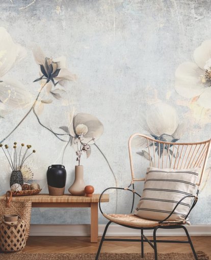 hvitt tilpassbart vintage tapetveggmaleri kalt Distressed White Florals av Rafal Kulik for soverom og salonger