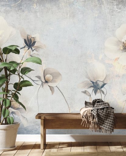 papier peint mural vintage blanc personnalisable appelé Distressed White Florals par Rafal Kulik pour les chambres et les salons papier peint mural vintage blanc personnalisable appelé Distressed White Florals par Rafal Kulik pour les chambres et les salons