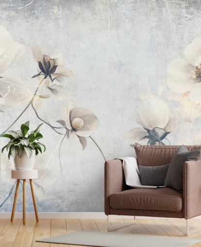 hvitt tilpassbart vintage tapetveggmaleri kalt Distressed White Florals av Rafal Kulik for soverom og salonger hvitt tilpassbart vintage tapetveggmaleri kalt Distressed White Florals av Rafal Kulik for soverom og salonger