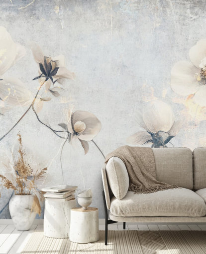 papier peint mural vintage blanc personnalisable appelé Distressed White Florals par Rafal Kulik pour les chambres et les salons