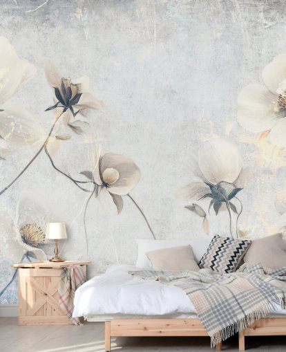 witte aanpasbare vintage behangmuurschildering genaamd Distressed White Florals van Rafal Kulik voor slaapkamers en lounges