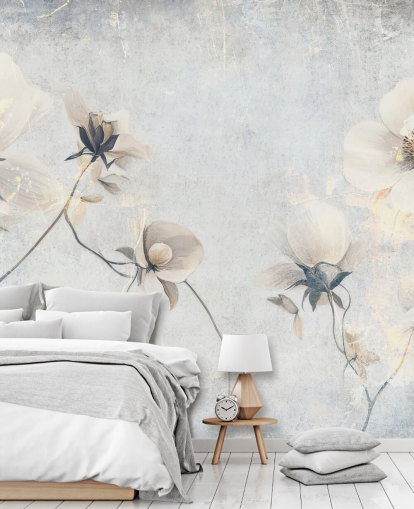 mural de papel de parede vintage personalizável branco chamado Distressed White Florals de Rafal Kulik para quartos e salões