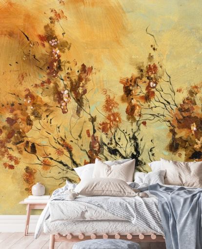 oranje en rode muurschildering op maat genaamd Cluster of Petals van Anne Farrall Doyle voor woonkamers en eetkamers