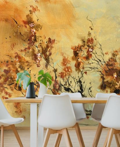 mural de pared personalizado naranja y rojo llamado Cluster of Petals de Anne Farrall Doyle para salas de estar y comedores