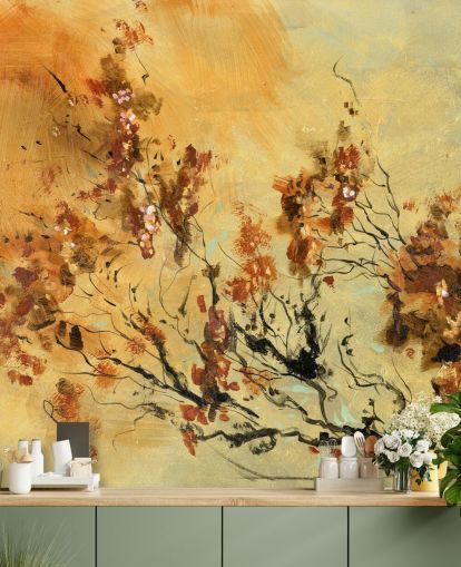 fresque murale personnalisée orange et rouge appelée Cluster of Petals par Anne Farrall Doyle pour les salons et les salles à manger