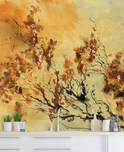 oranje en rode muurschildering op maat genaamd Cluster of Petals van Anne Farrall Doyle voor woonkamers en eetkamers