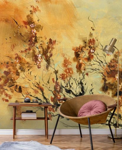 oranje en rode muurschildering op maat genaamd Cluster of Petals van Anne Farrall Doyle voor woonkamers en eetkamers oranje en rode muurschildering op maat genaamd Cluster of Petals van Anne Farrall Doyle voor woonkamers en eetkamers