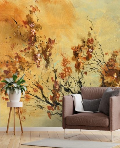 oranje en rode muurschildering op maat genaamd Cluster of Petals van Anne Farrall Doyle voor woonkamers en eetkamers