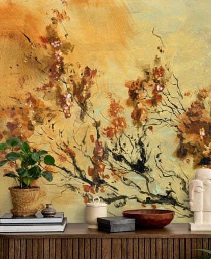 oranje en rode muurschildering op maat genaamd Cluster of Petals van Anne Farrall Doyle voor woonkamers en eetkamers