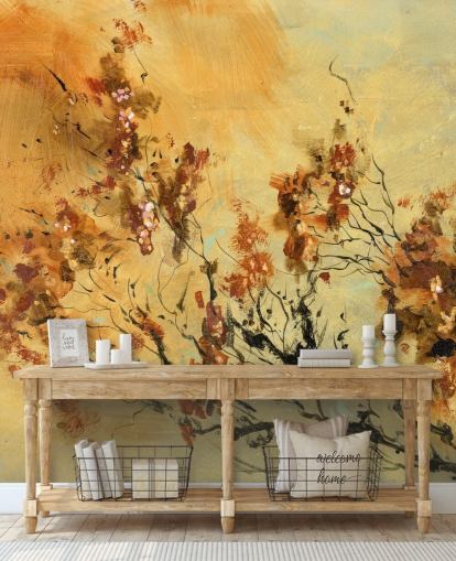 oranje en rode muurschildering op maat genaamd Cluster of Petals van Anne Farrall Doyle voor woonkamers en eetkamers