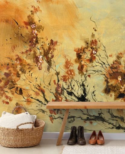 mural de pared personalizado naranja y rojo llamado Cluster of Petals de Anne Farrall Doyle para salas de estar y comedores