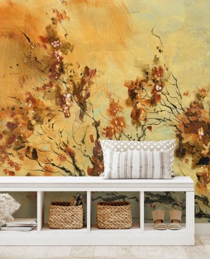 oranje en rode muurschildering op maat genaamd Cluster of Petals van Anne Farrall Doyle voor woonkamers en eetkamers