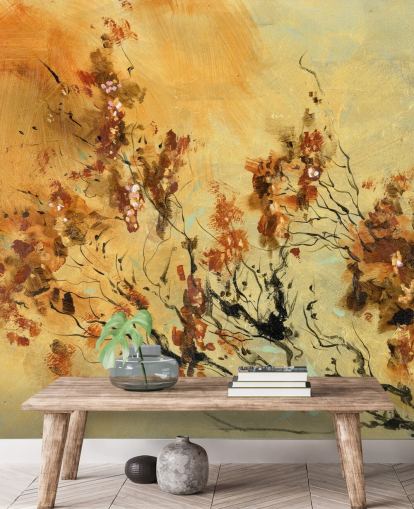 mural de pared personalizado naranja y rojo llamado Cluster of Petals de Anne Farrall Doyle para salas de estar y comedores