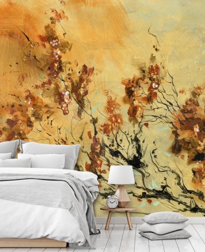fresque murale personnalisée orange et rouge appelée Cluster of Petals par Anne Farrall Doyle pour les salons et les salles à manger