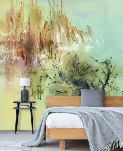 peinture murale abstraite de jardin personnalisable verte et marron appelée Gardens Joy par Anne Farrall Doyle peinture murale abstraite de jardin personnalisable verte et marron appelée Gardens Joy par Anne Farrall Doyle