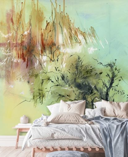 peinture murale abstraite de jardin personnalisable verte et marron appelée Gardens Joy par Anne Farrall Doyle peinture murale abstraite de jardin personnalisable verte et marron appelée Gardens Joy par Anne Farrall Doyle