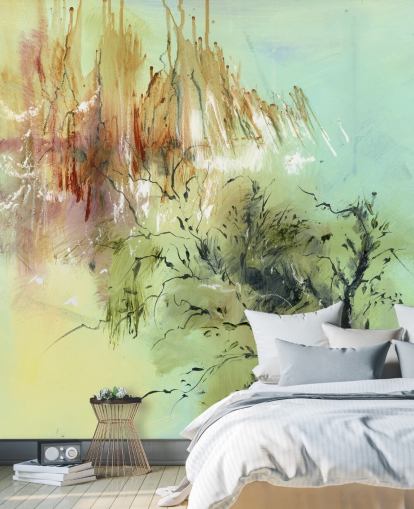 groene en bruine aanpasbare abstracte tuinmuurschildering genaamd Gardens Joy van Anne Farrall Doyle groene en bruine aanpasbare abstracte tuinmuurschildering genaamd Gardens Joy van Anne Farrall Doyle