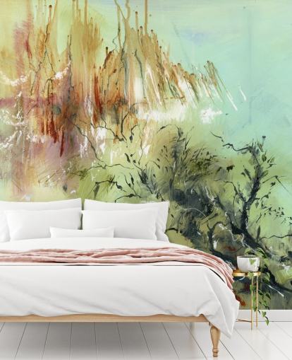 green and brown customisable abstract garden mural called Gardens Joy by Anne Farrall Doyle