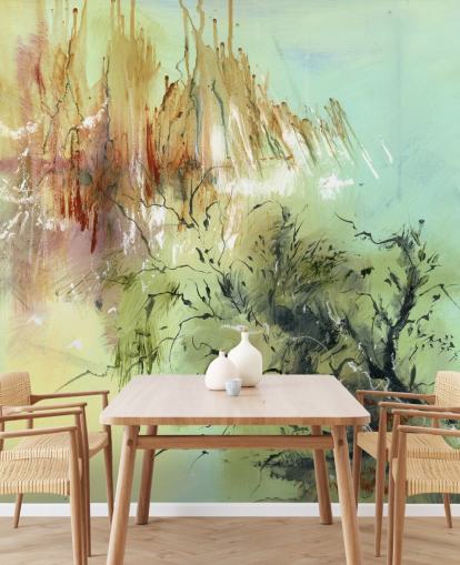 green and brown customisable abstract garden mural called Gardens Joy by Anne Farrall Doyle