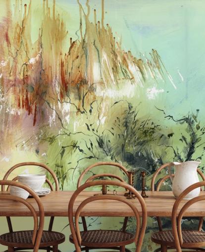 groene en bruine aanpasbare abstracte tuinmuurschildering genaamd Gardens Joy van Anne Farrall Doyle