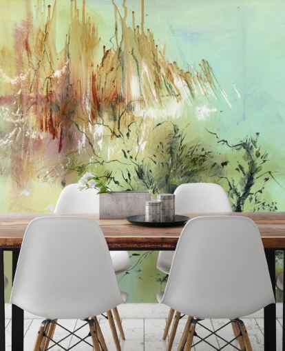 peinture murale abstraite de jardin personnalisable verte et marron appelée Gardens Joy par Anne Farrall Doyle