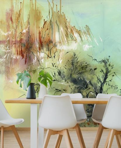 murale da giardino astratto personalizzabile verde e marrone chiamato Gardens Joy di Anne Farrall Doyle