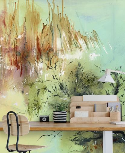 peinture murale abstraite de jardin personnalisable verte et marron appelée Gardens Joy par Anne Farrall Doyle