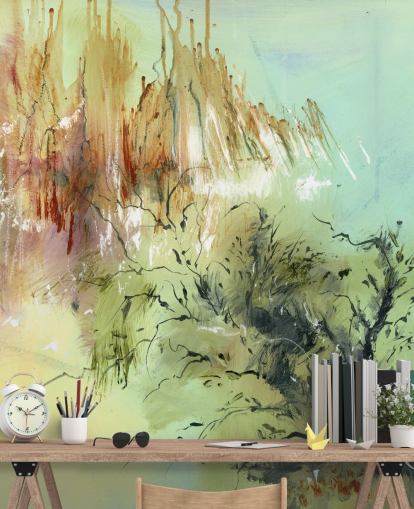 peinture murale abstraite de jardin personnalisable verte et marron appelée Gardens Joy par Anne Farrall Doyle