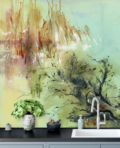 green and brown customizable abstract garden mural called Gardens Joy by Anne Farrall Doyle