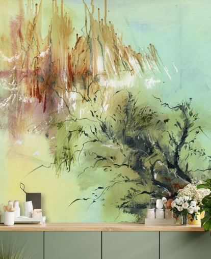 murale da giardino astratto personalizzabile verde e marrone chiamato Gardens Joy di Anne Farrall Doyle