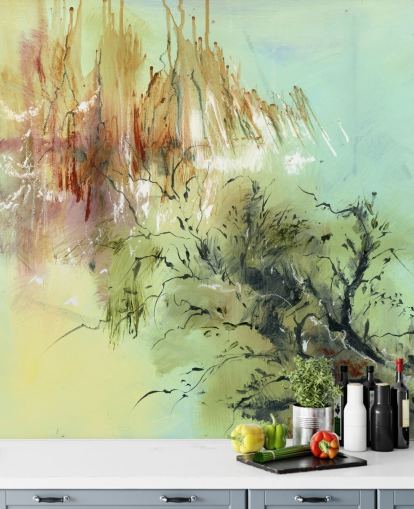 green and brown customizable abstract garden mural called Gardens Joy by Anne Farrall Doyle