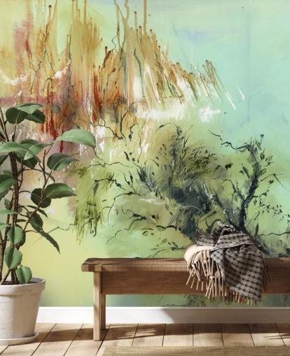 peinture murale abstraite de jardin personnalisable verte et marron appelée Gardens Joy par Anne Farrall Doyle peinture murale abstraite de jardin personnalisable verte et marron appelée Gardens Joy par Anne Farrall Doyle