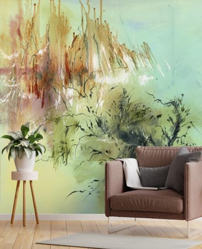 peinture murale abstraite de jardin personnalisable verte et marron appelée Gardens Joy par Anne Farrall Doyle