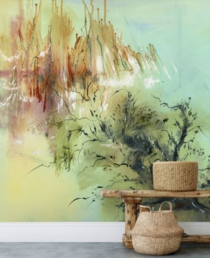 mural de jardim abstrato personalizável verde e marrom chamado Gardens Joy de Anne Farrall Doyle mural de jardim abstrato personalizável verde e marrom chamado Gardens Joy de Anne Farrall Doyle