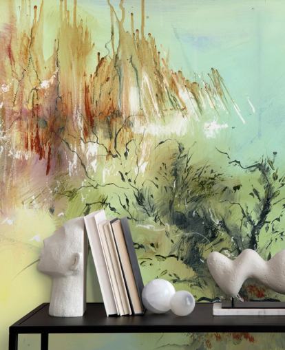 green and brown customizable abstract garden mural called Gardens Joy by Anne Farrall Doyle