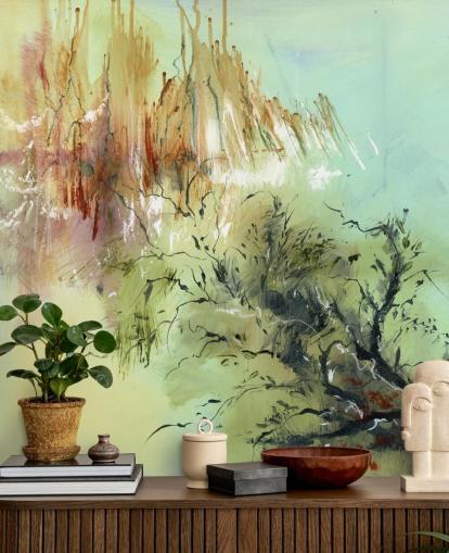 groene en bruine aanpasbare abstracte tuinmuurschildering genaamd Gardens Joy van Anne Farrall Doyle